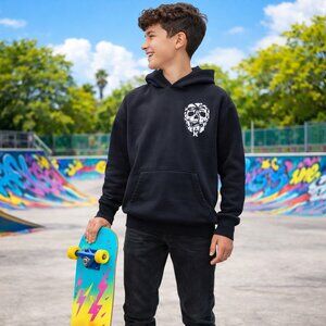 Hurley Skull Graphic Hoodie Youth XL Black Pullover Fleece Skate Streetwear